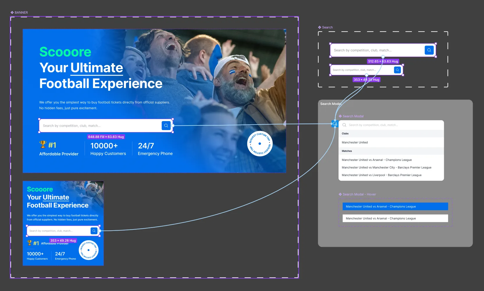 Interactive VisitFootball banner and search component prototype in Figma